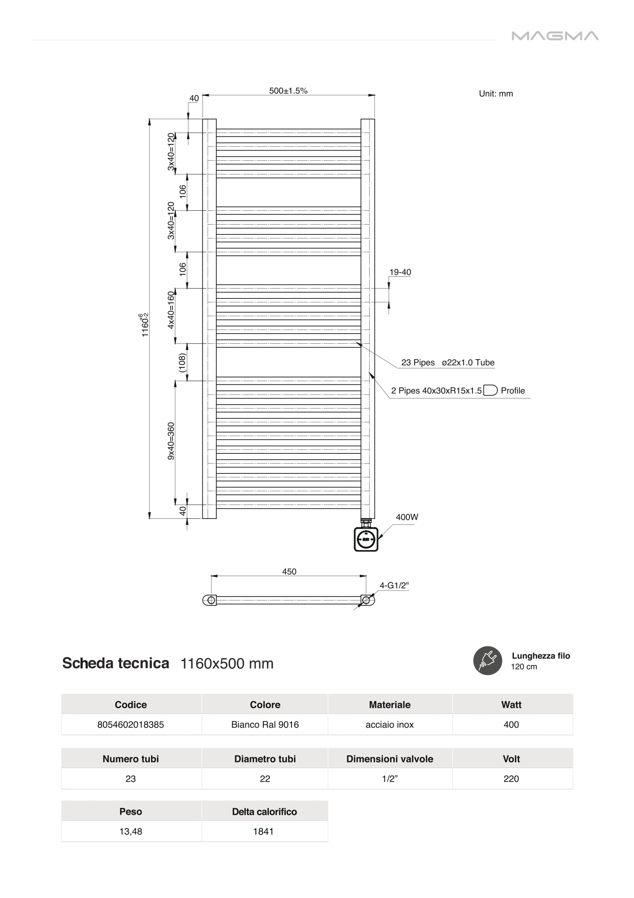 Termoarredo Elettrico - Scaldasalviette bianco mod. Silvia - 400 watt - 116x50cm