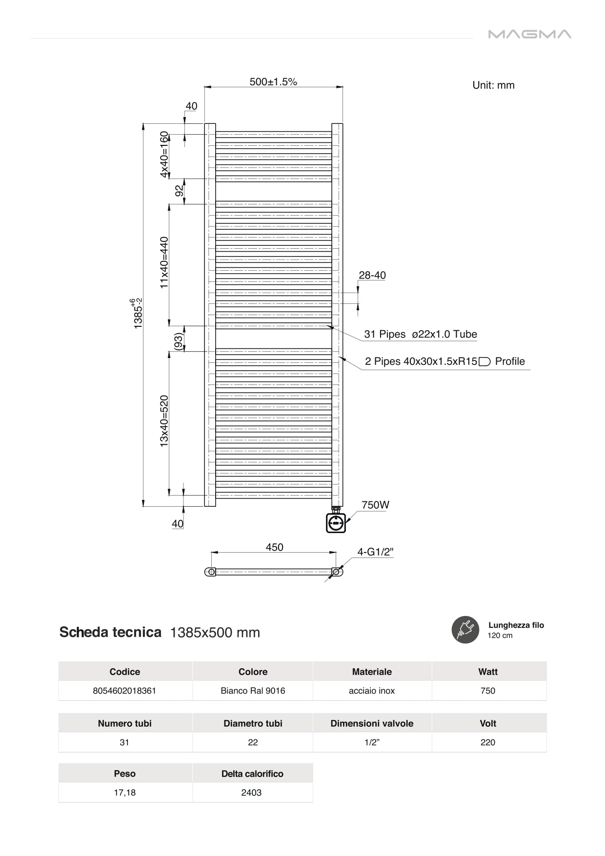 RADIATORE TERMOARREDO SCALDASALVIETTE ELETTRICO BIANCO MODELLO SILVIA 1385X500 WATT 750