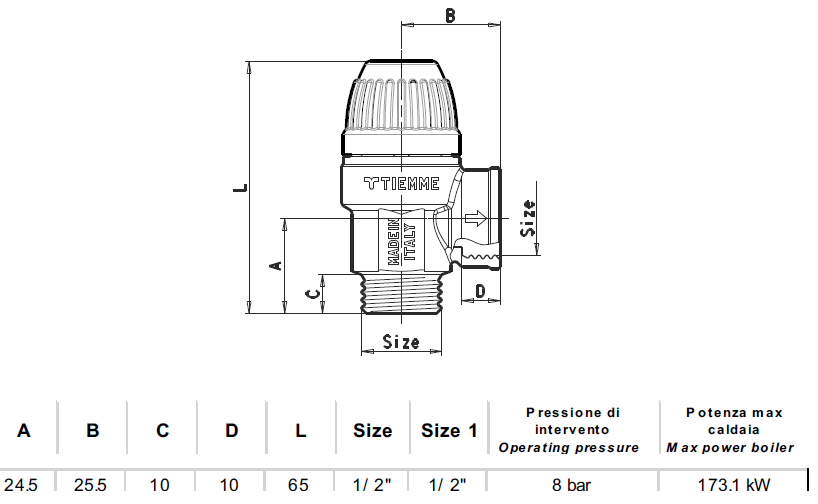 Valvola di sicurezza con attacchi maschio/femmina 8 bar da 1/2"