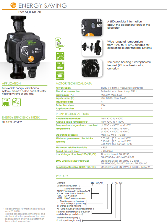 Circolatore inverter per solare ES2 SOLAR 25-70/130 ATTACCHI 1'1/2 INT.130