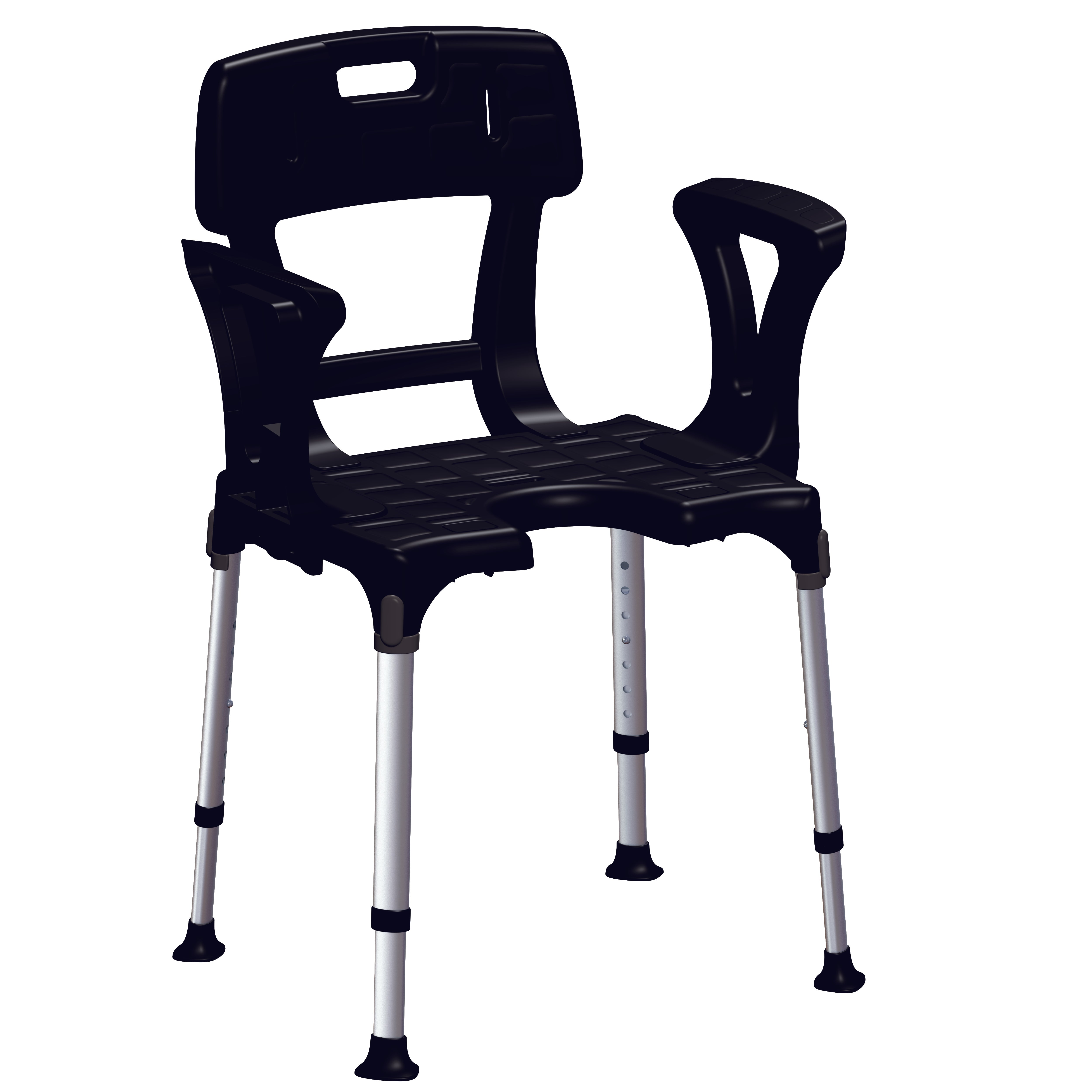 Sedia da doccia regolabile per disabili, rettangolare, colore nero con schienale e braccioli