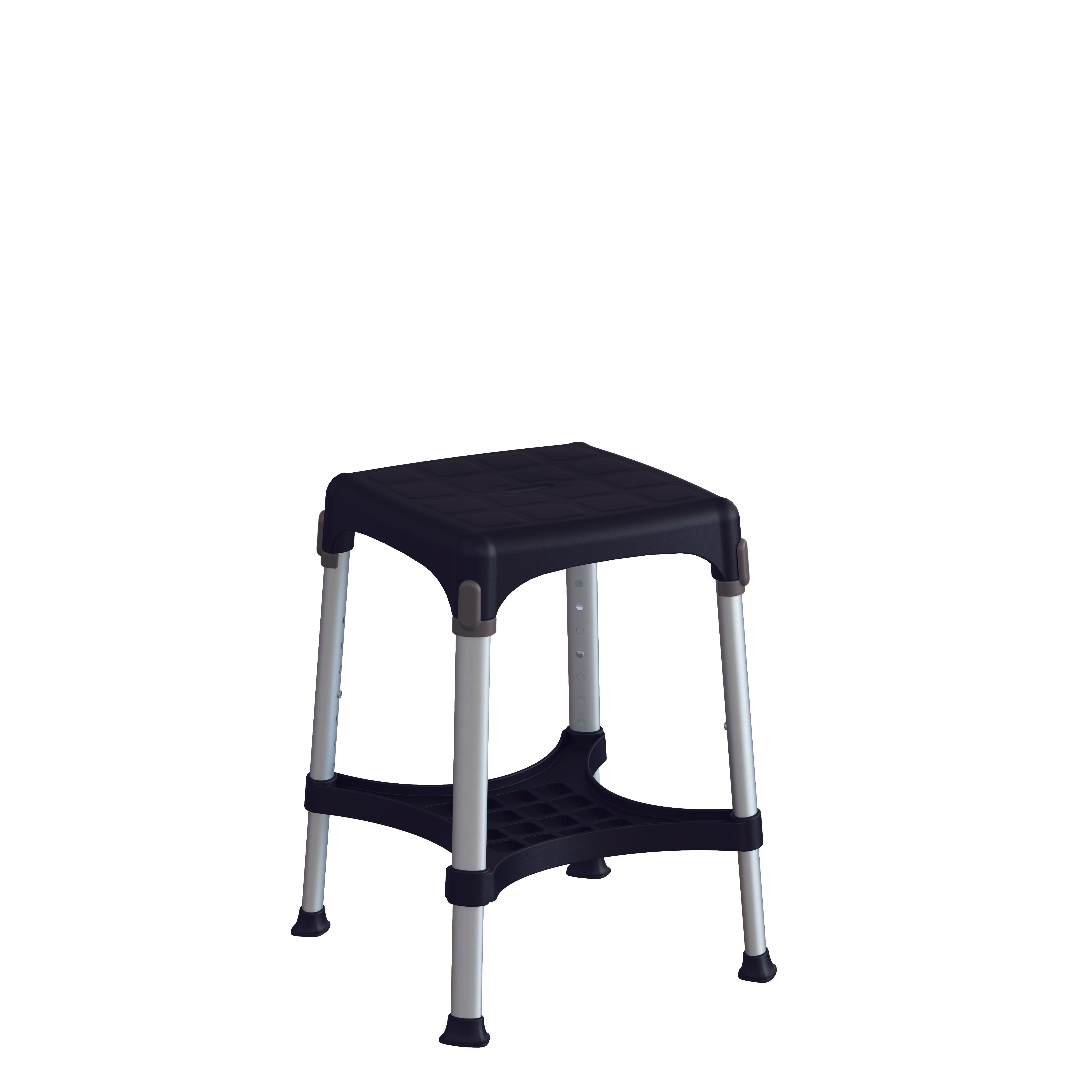 Sgabello da bagno quadrato regolabile nero con ripiano porta oggetti