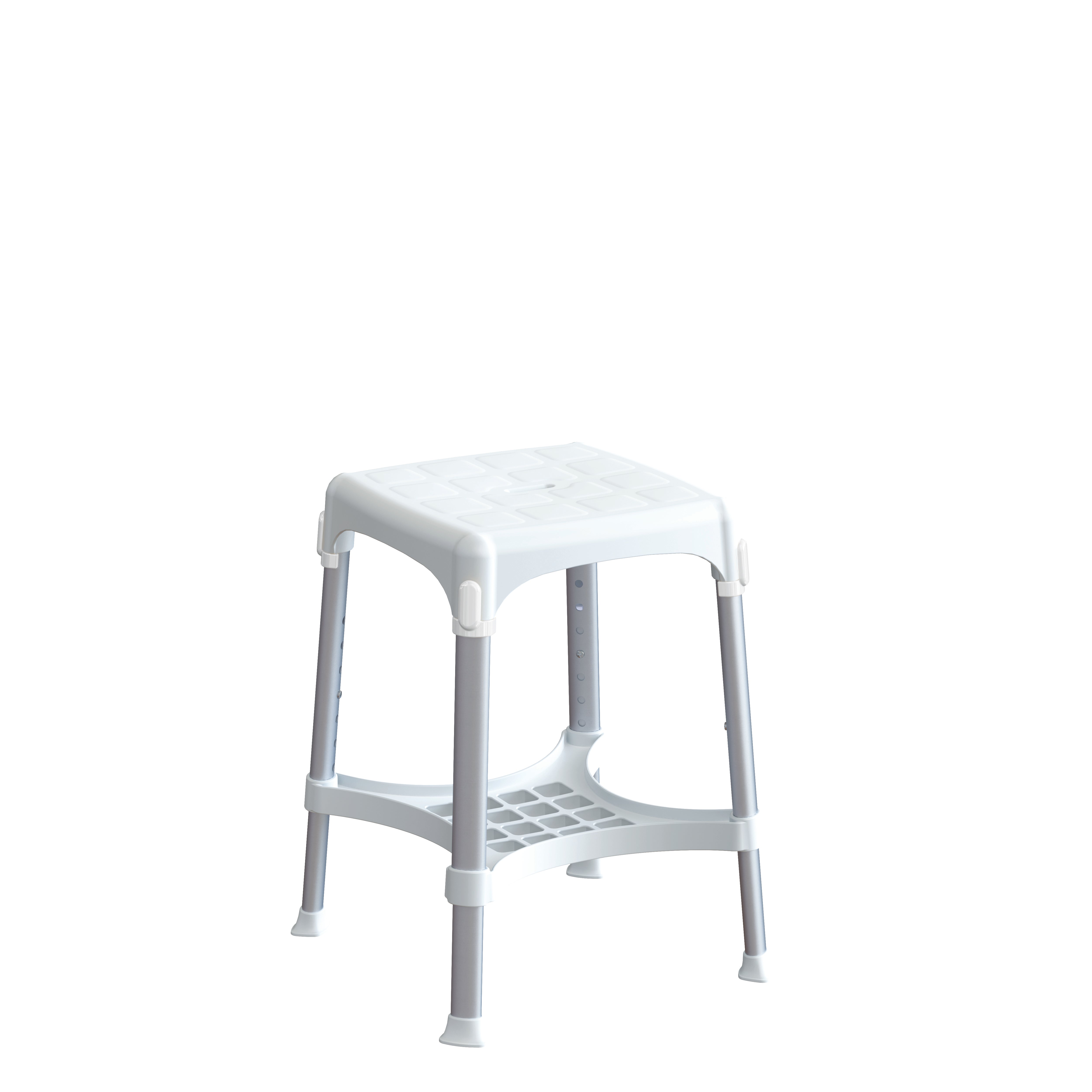 Sgabello da bagno quadrato regolabile bianco con ripiano porta oggetti