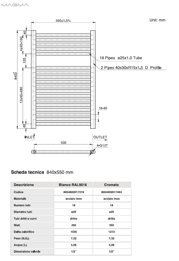 Radiatore Termoarredo scaldasalviette bianco modello Elvia cm 840X550 INT.500 WATT 450