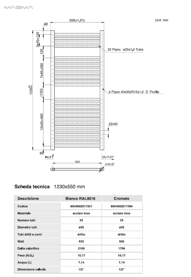 Radiatore Termoarredo scaldasalviette bianco modello Elvia misura 1230x550 INT.500 WATT 633