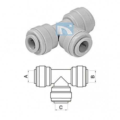 Raccordo in resina acetalica intermedio a T Ø tubo (A)1/4" x (B)1/4" x (C)1/4"