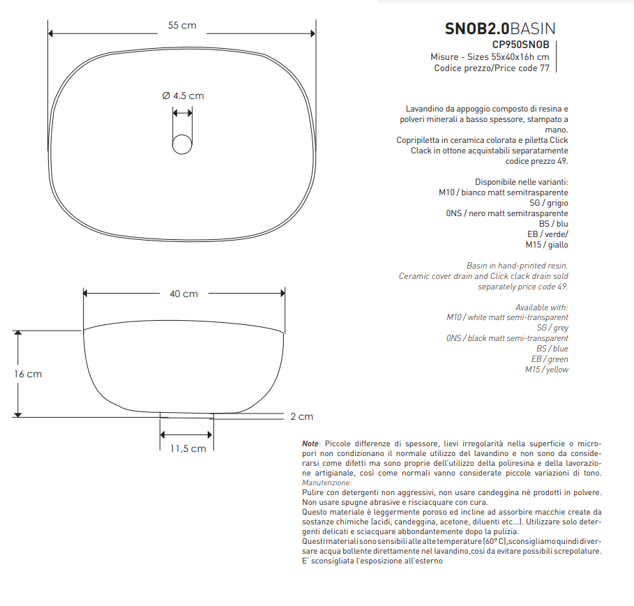 Snob 2.0 Lavabo in resina Bianco 55 x 40 x 16 h cm