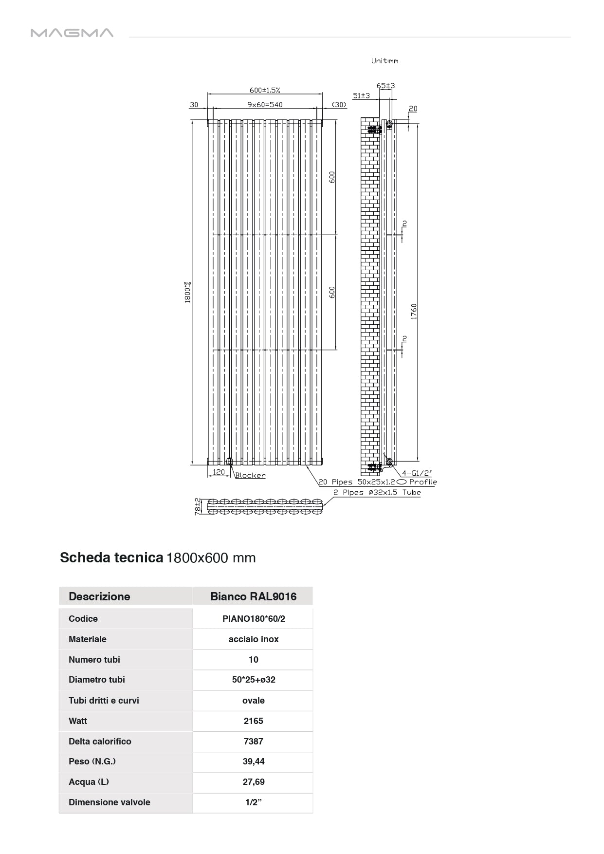 Radiatore termoarredo di design idraulico bianco modello Piano 1800x600 mm Watt 2165