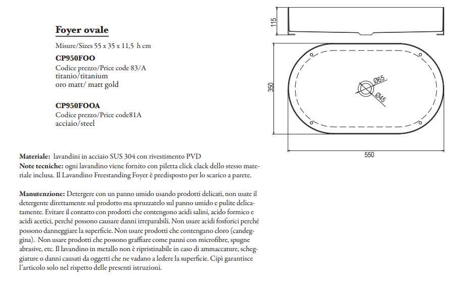 Lavabo Oro Matt - in Acciaio - Ovale - da appoggio "Foyer"