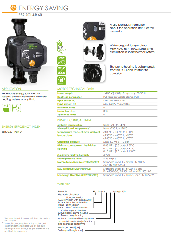 Circolatore inverter per solare ES2 SOLAR 25-60/130 ATTACCHI 1"1/2 INT.130