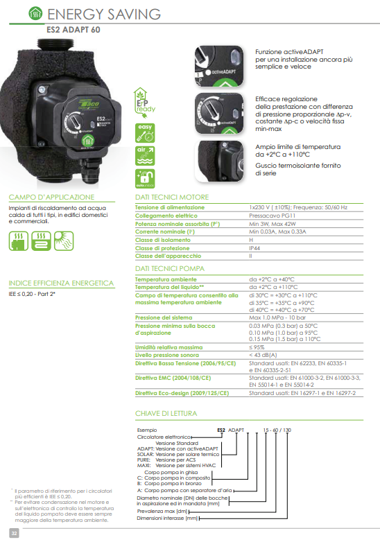 Circolatore inverter per riscaldamento ES2 ADAPT25-60/130 attacchi 1'1/2 INT.130