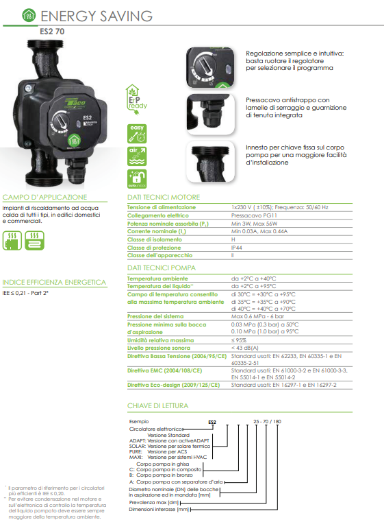Circolatore inverter per riscaldamento ES2 25-70/130 -attacchi da 1"1/2 INT.130