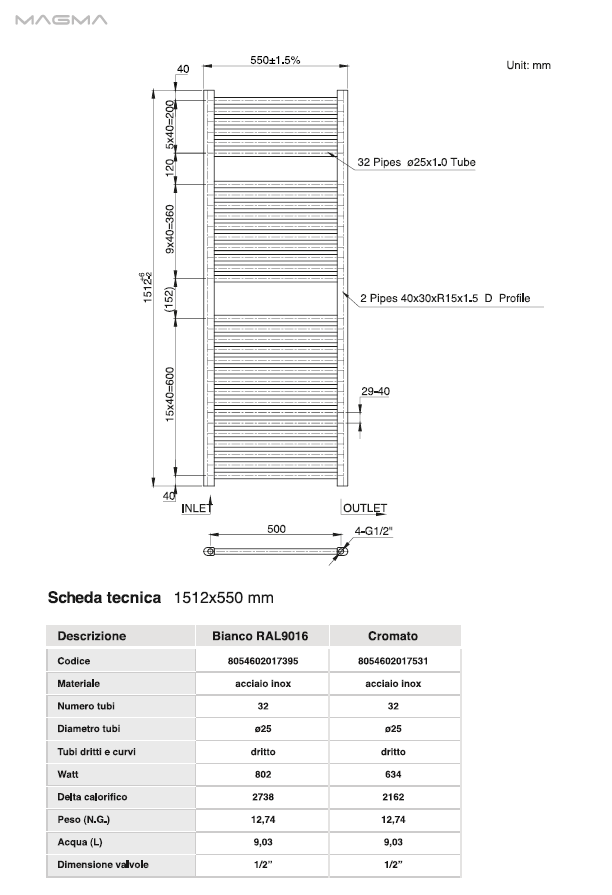 Radiatore Termoarredo scaldasalviette bianco modello Elvia misura MM 1512X550 INT.500 WATT 802