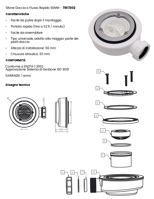 Piletta scarico sifonata ispezionabile e estraibile ribassata altezza 59MM per piatti doccia in marmoresina