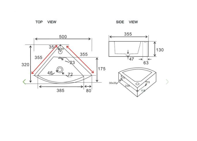 Lavabo in ceramica bianco ad angolo 49 x 35 cm MOD. LN58
