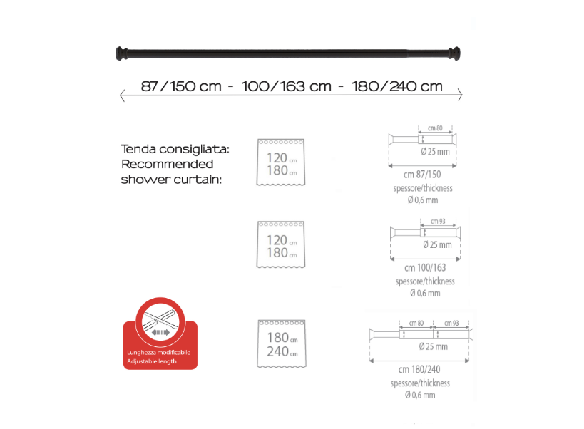 Asta estensibile nero matt 87÷150 / 100÷163 / 180÷240