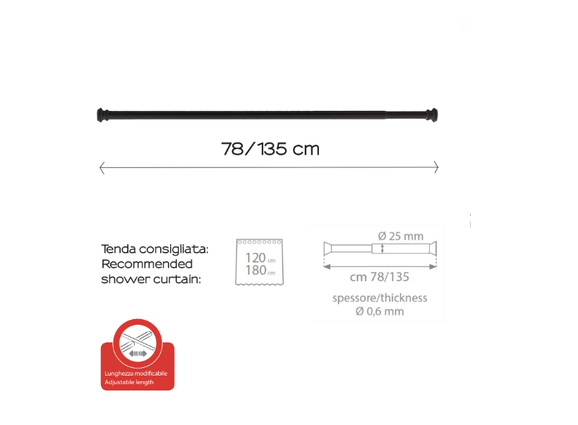 Asta estensibile nero matt 78/135