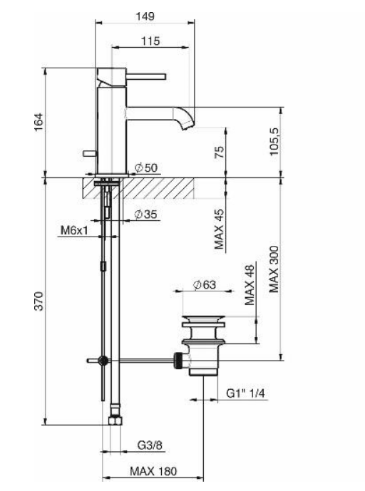 Miscelatore monocomando cromato per lavabo Tiemme serie Fly Pin