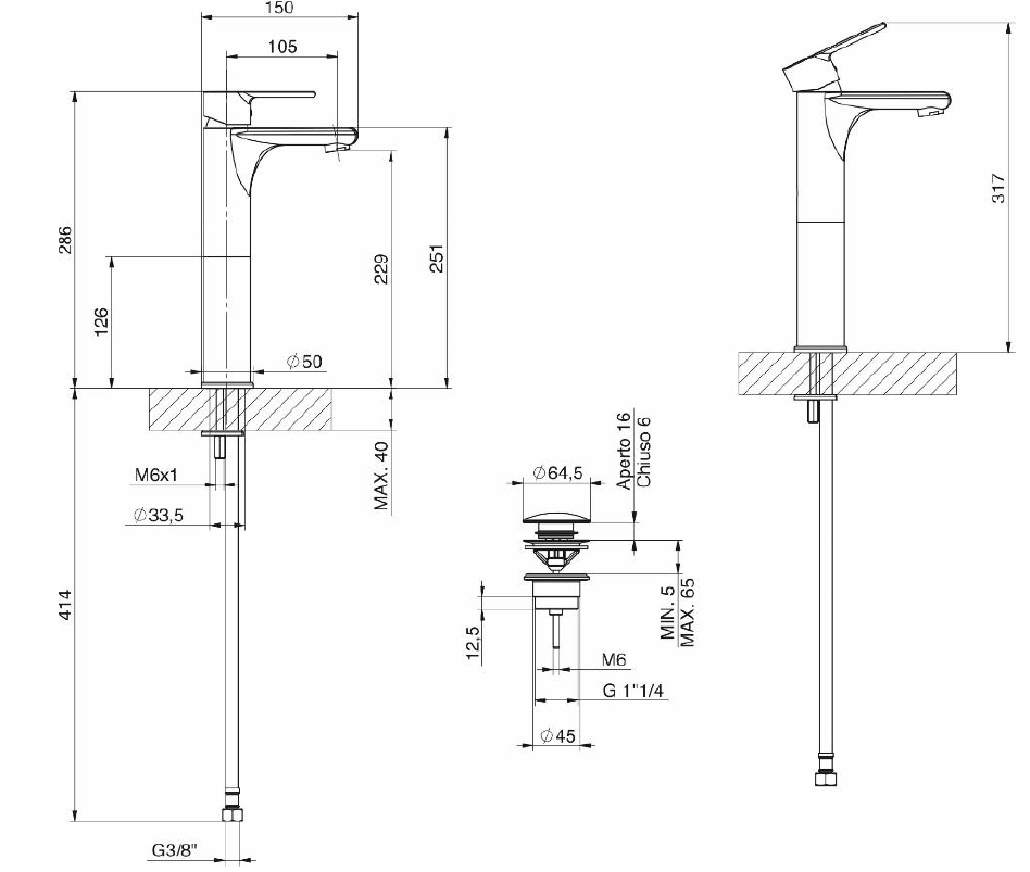 Miscelatore monocomando alto cromato per lavabo Tiemme serie Ten