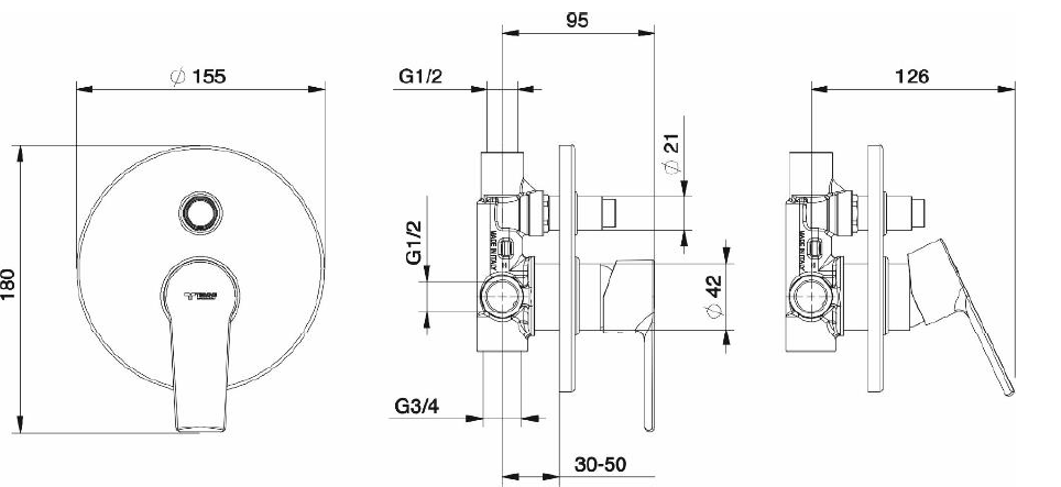 Miscelatore monocomando da incasso cromato per doccia/vasca con deviatore 2 uscite Tiemme serie Ten