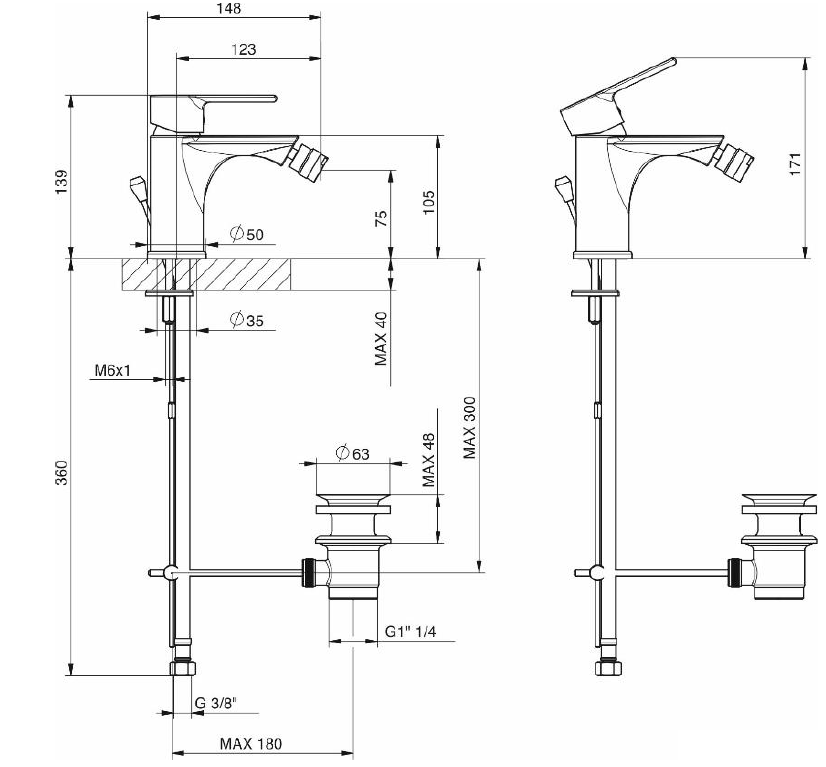Miscelatore monocomando cromato per bidet Tiemme serie Ten