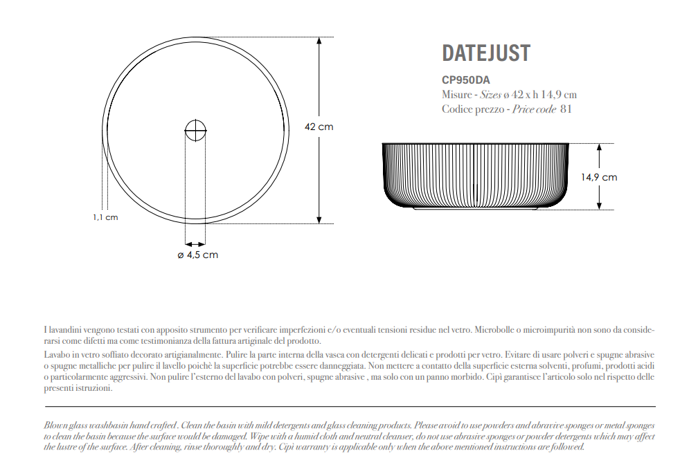 Datejust Lavabo colore Ghiaccio purissimo Ø 42 in vetro veneziano 100% italiano