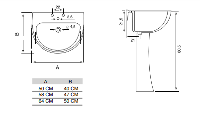 Lavabo in ceramica bianca serie Tris 58 cm (colonna esclusa)