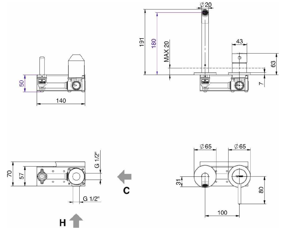Miscelatore monocomando da incasso cromato per lavabo Tiemme serie Fly Pin