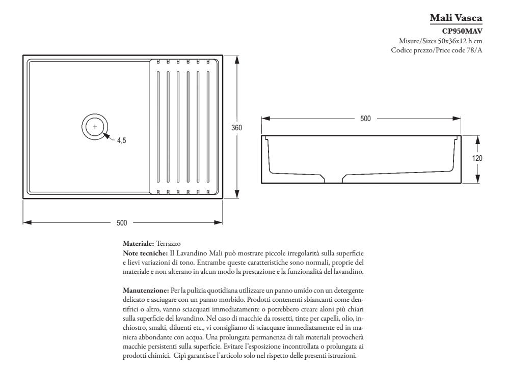 Mali Vasca Lavabo in cemento 50 x 36 x 12 h cm
