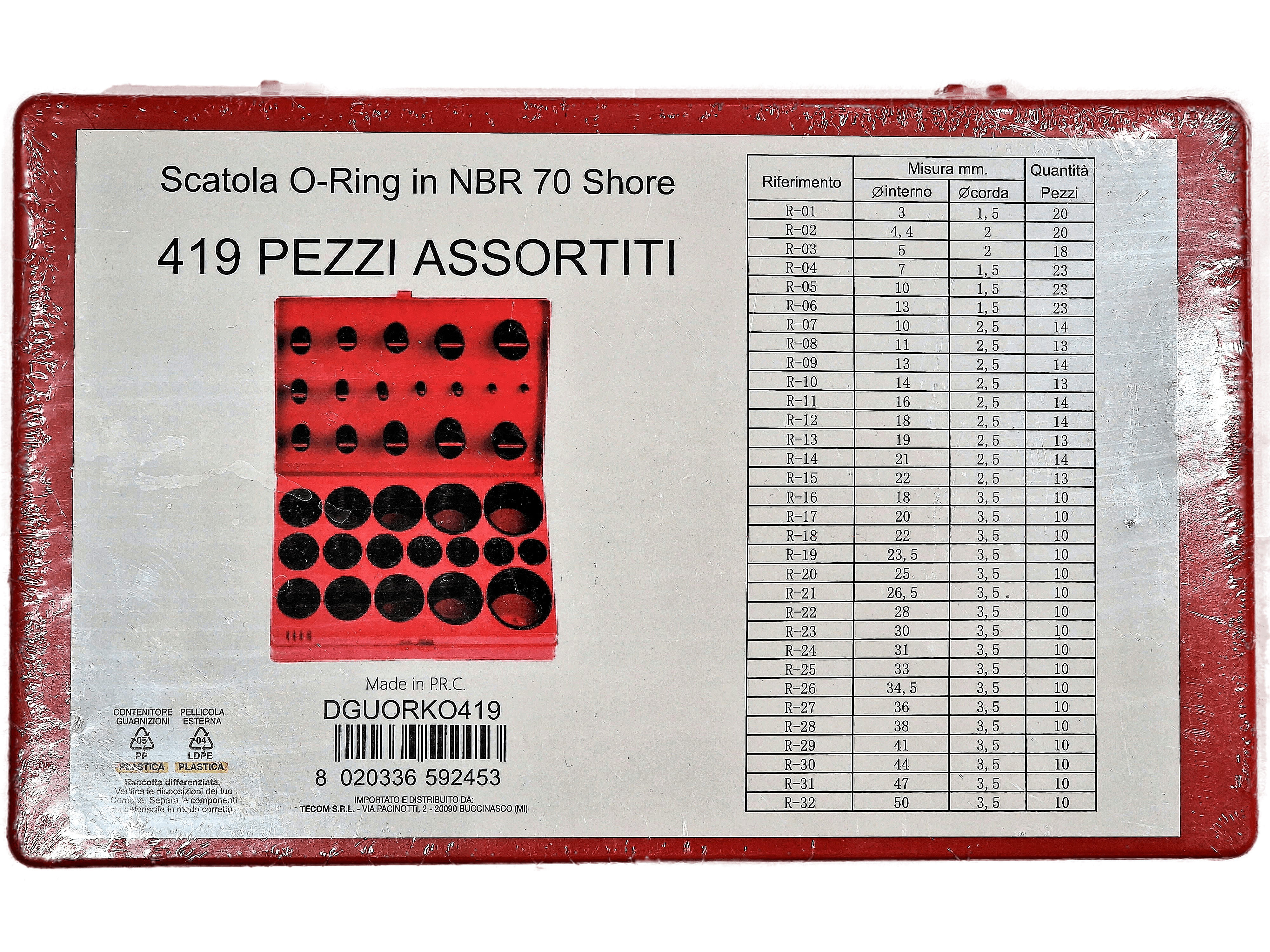 Scatola con 419 pezzi assortiti di O'Ring in NBR 70 shore