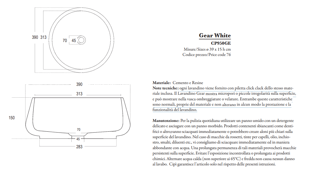 Gear white Lavabo in cemento Ø 39
