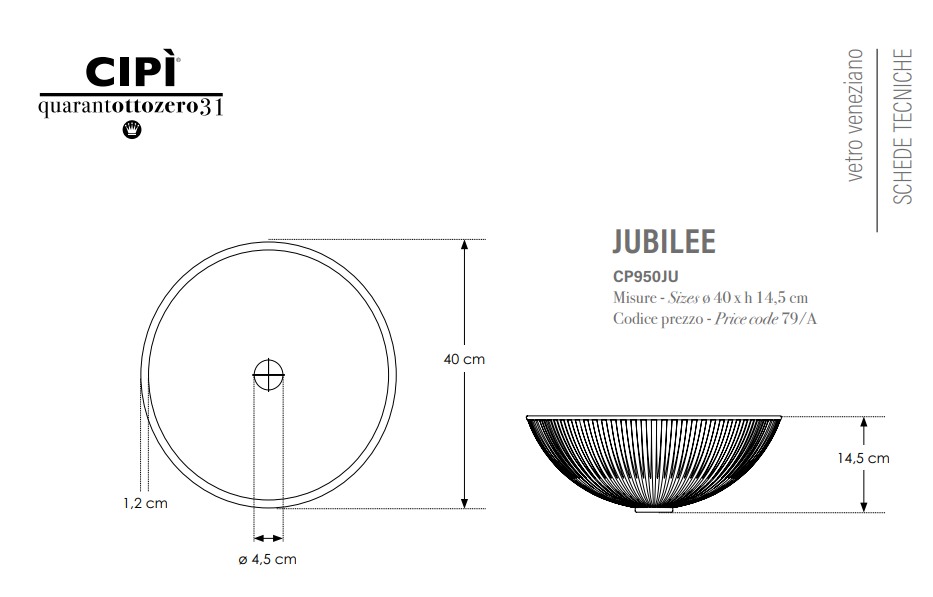 Jubilee Lavabo colore verde master Ø 40 in vetro veneziano 100% italiano