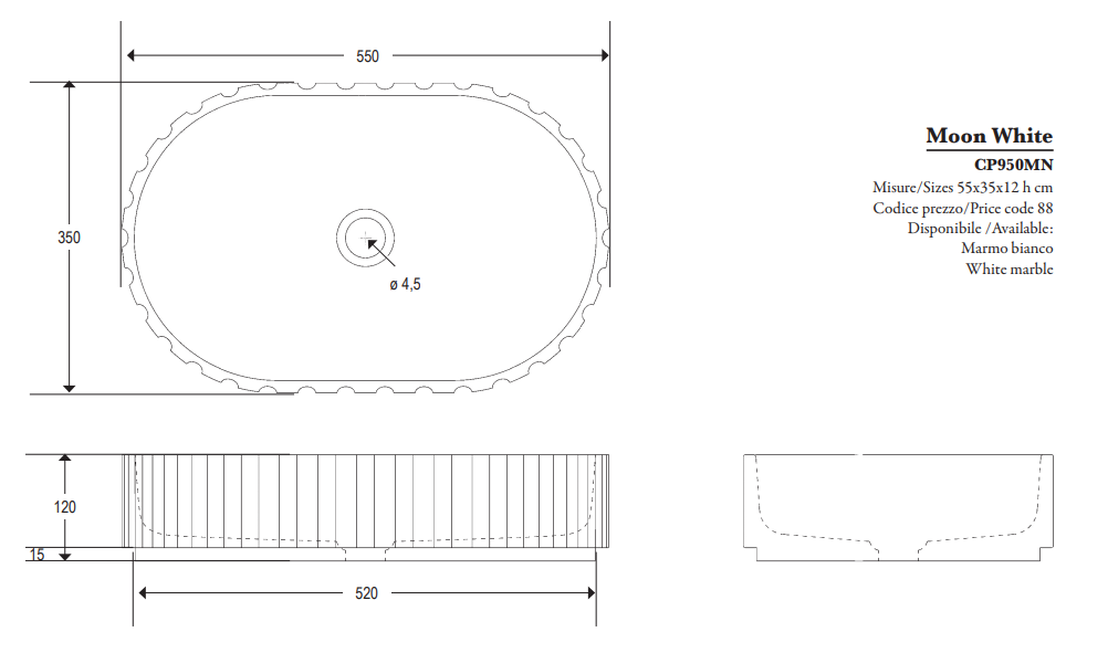 Moon White Lavabo 55 x 35 x 12 h cm Marmo bianco