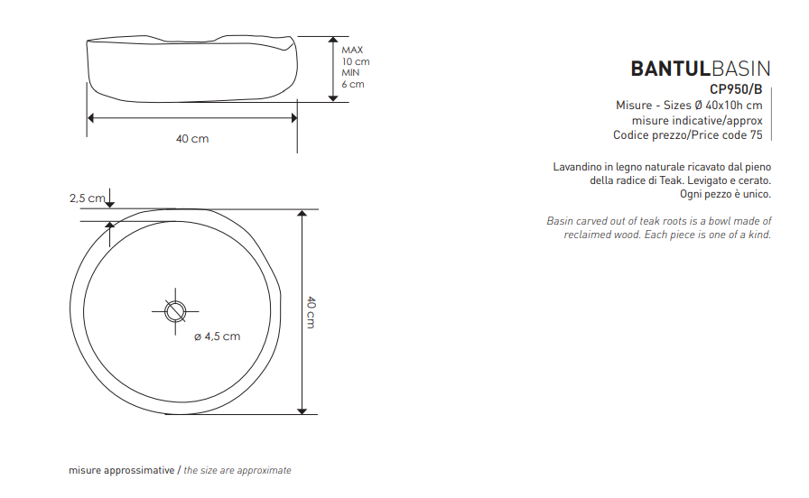 Lavandino Bagno in legno da appoggio - Bantul Ø 40