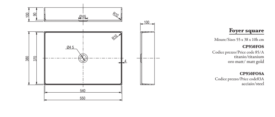 Lavabo Titanio Nero - in Acciaio - Rettangolare - da appoggio "Foyer"