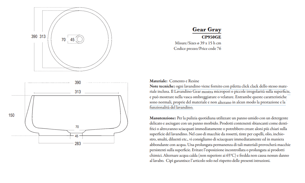 Gear grey Lavabo in cemento Ø 39