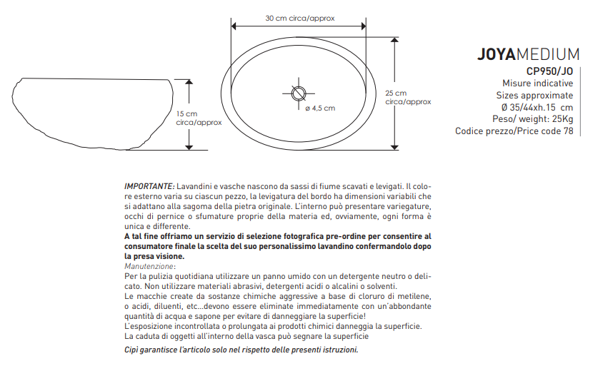 Joya Medium Lavabo Ø 35/44 In pietra di fiume