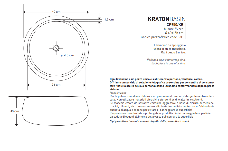 Lavabo Onice da Appoggio - Ø 40 - "Kraton"