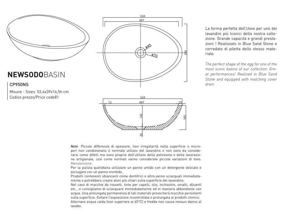 New Sodo Lavabo in cemento 53,4 x 39 x 16,5 h cm