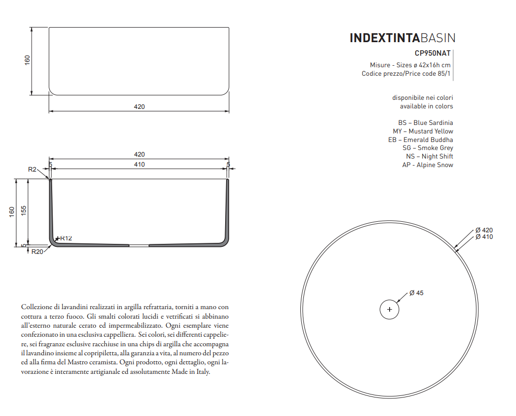 Index Tinta Lavabo in terracotta colore Bianco Ø 42