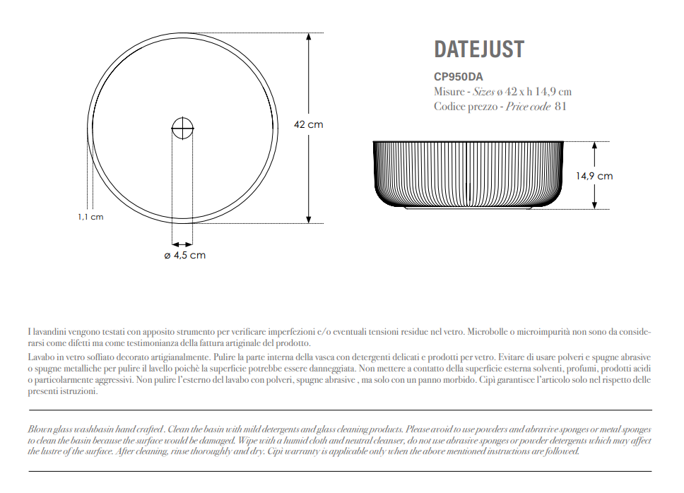 Datejust Lavabo colore Verde master Ø 42 in vetro veneziano 100% italiano