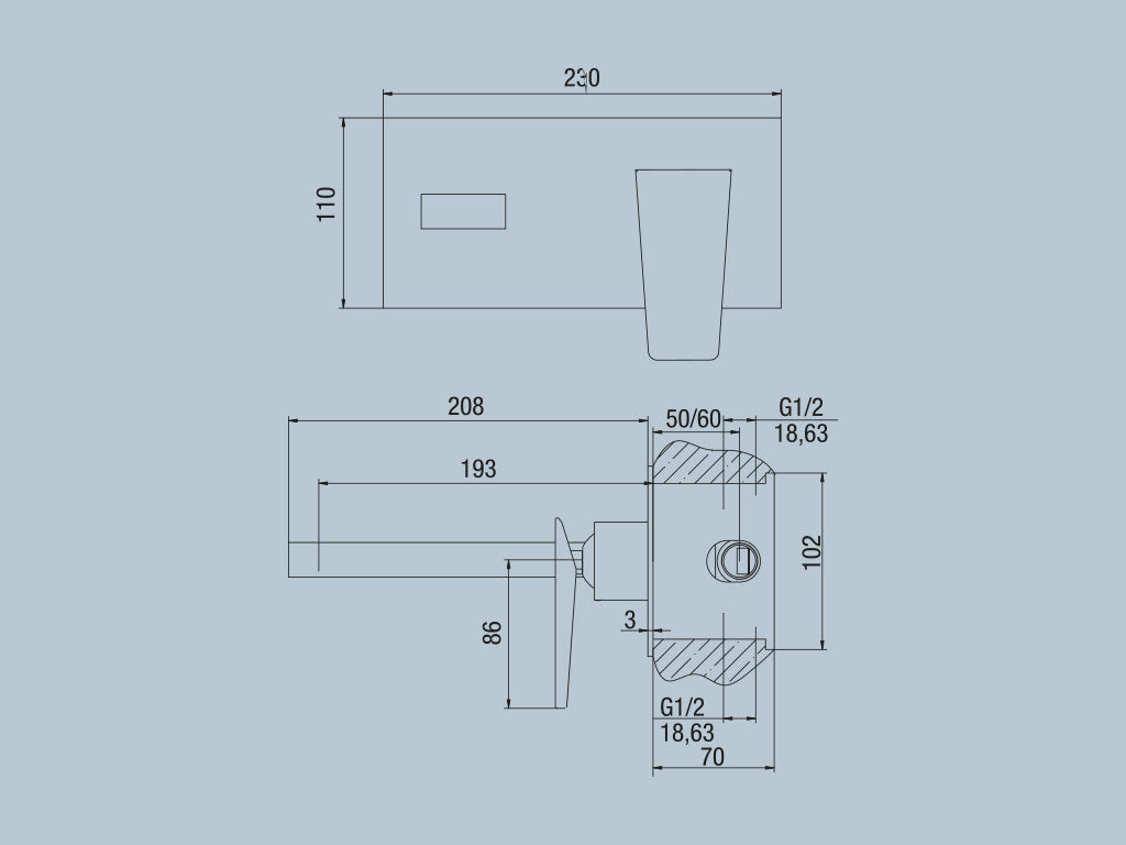 Rubinetto lavabo a muro c/piastra orizzontale JACUZZI . mod BEAM