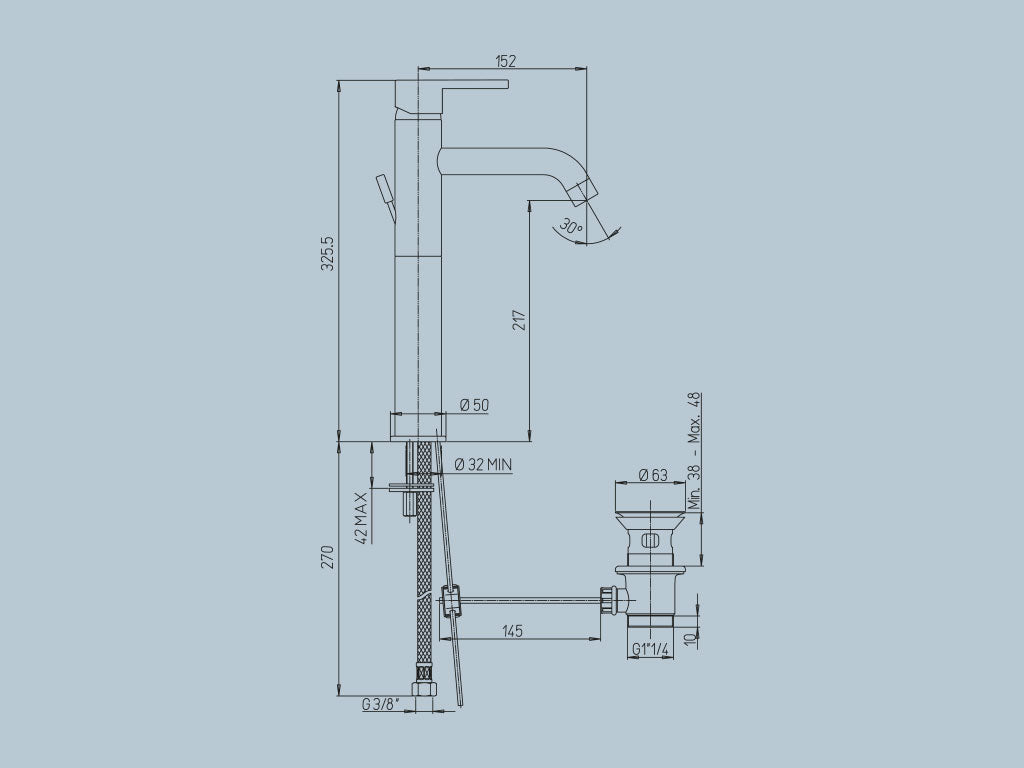 Rubinetto per lavabo alto monoforo con scarico 1”1/4 JACUZZI . mod SUNSET
