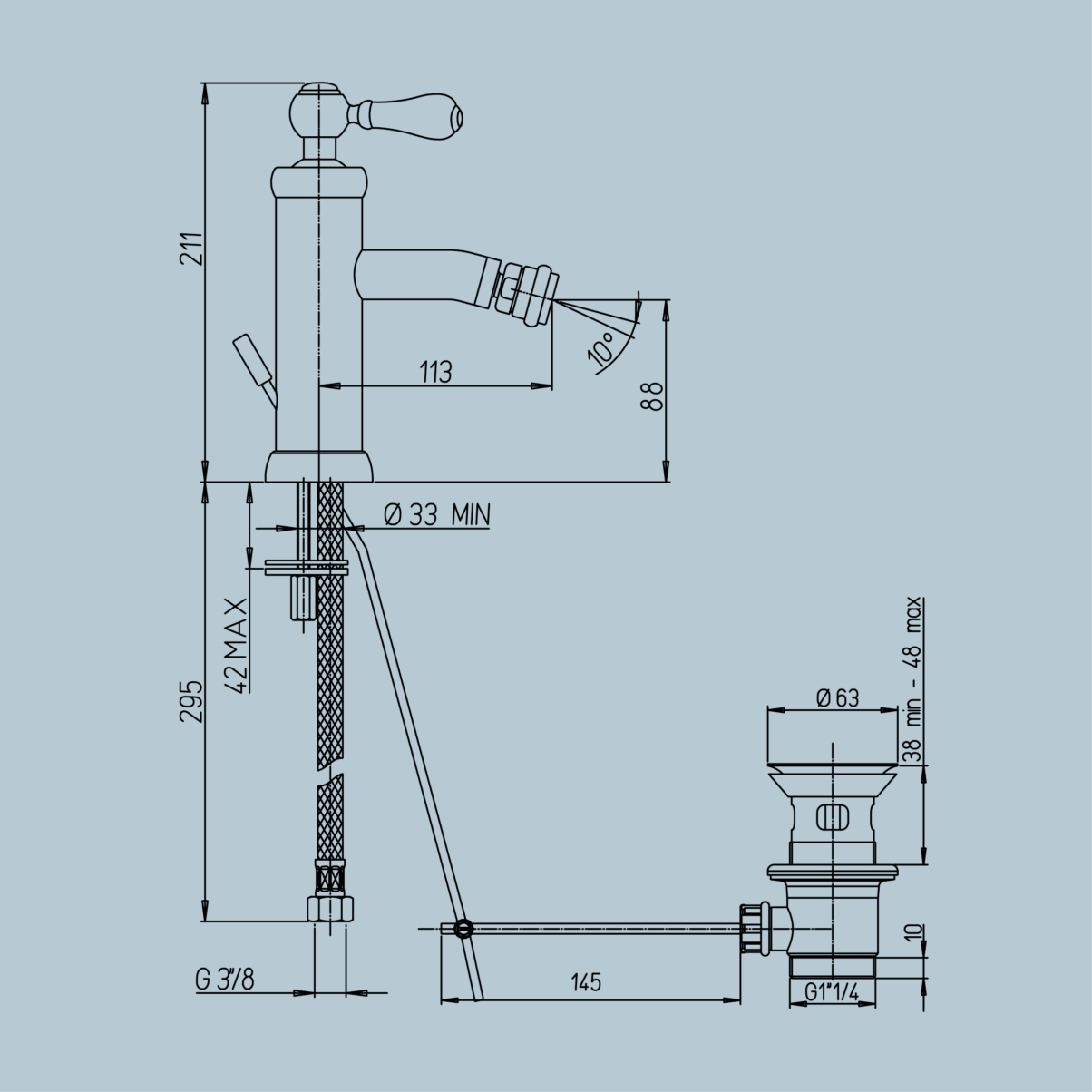 Rubinetto per bidet monoforo con scarico 1”1/4 JACUZZI . mod TOSCA