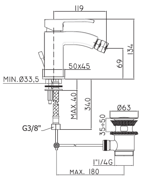 Rubinetto bidet monoforo con scarico 1”1/4 PAFFONI. mod LEVEL
