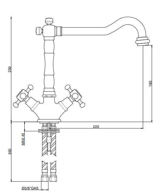 GRUPPO MONOFORO LAVELLO CON CANNA ANTICATA ORIENTABILE BRONZO GABOLI LUIGI - MOD. DUETTO
