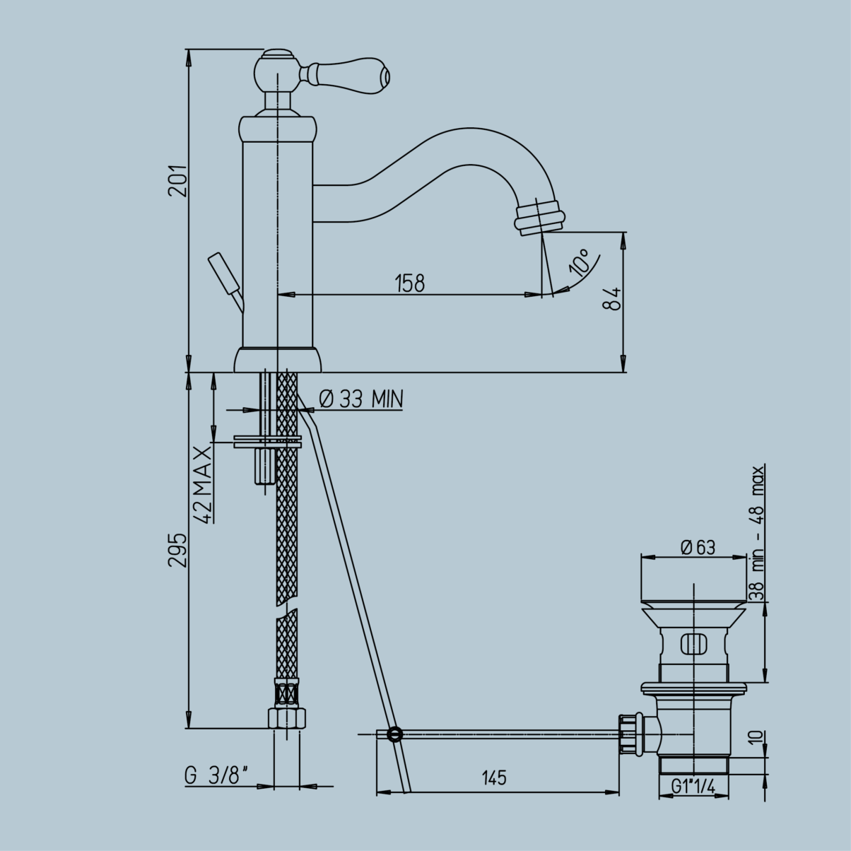 Rubinetto per lavabo monoforo con scarico 1”1/4 - NERO JACUZZI . mod TOSCA