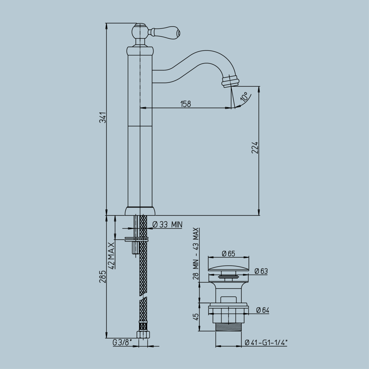 Rubinetto lavabo alto monoforo con scarico 1”1/4 nero JACUZZI . mod TOSCA