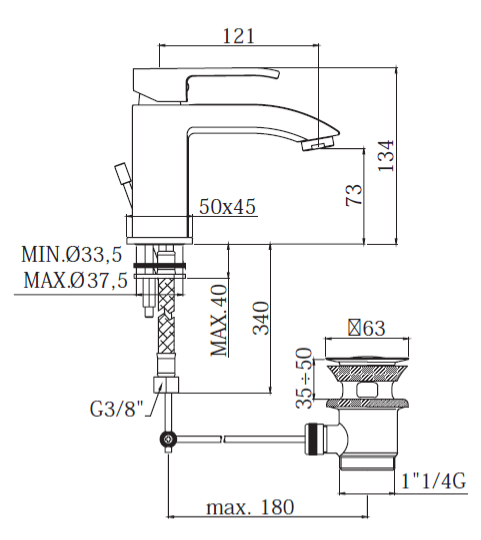 Rubinetto per lavabo monoforo con scarico 1”1/4 PAFFONI. mod LEVEL