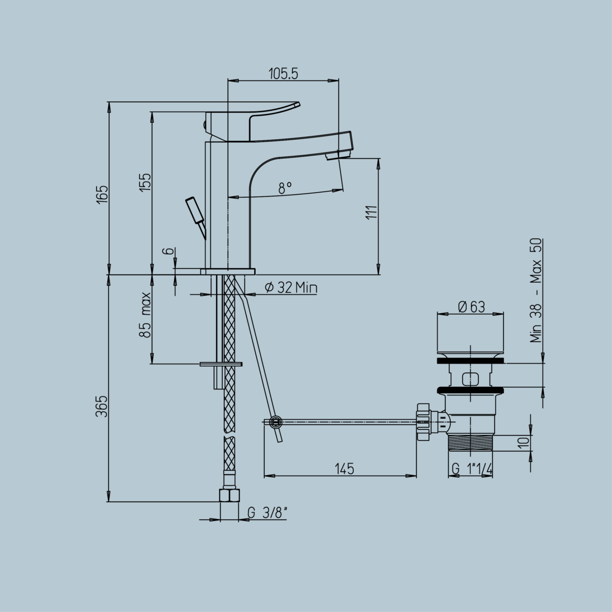 Rubinetto lavabo monoforo con scarico 1”1/4 JACUZZI . mod TANK